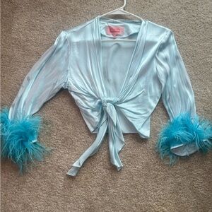 REZEK | Light Blue Tie-Front Top with Feather Cuffs